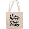 12oz Canvas Tote Bag - Lashes Long and Coffee Strong Quote with Eyelash & Mascara Design - Beauty Themed Merch for Makeup Artist or Cosmetologist, Gift for Makeup Lovers & Beauticians view 1
