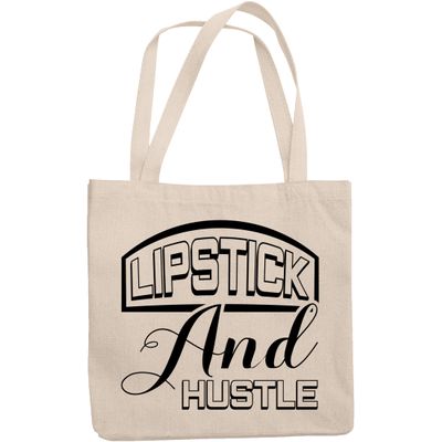 12oz Canvas Tote Bag - Lipstick and Hustle, Hardworking Lover of Lipsticks Quote - Beauty Themed Merch for Makeup Artist or Cosmetologist, Gift for Makeup Lovers & Beauticians