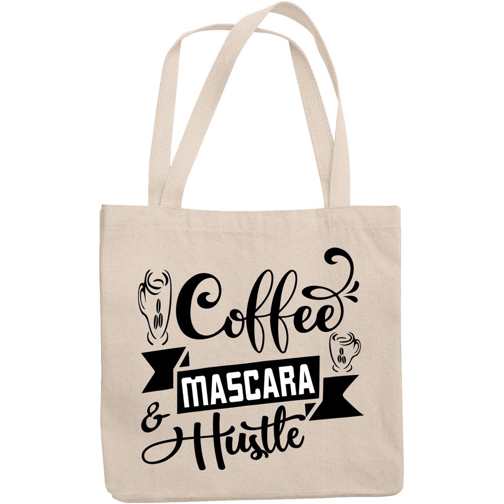 12oz Canvas Tote Bag - Coffee, Mascara & Hustle, Hardworking Eyelashes Lover Quote - Beauty Themed Merch for Makeup Artist or Cosmetologist, Gift for Makeup Lovers & Beauticians