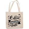 12oz Canvas Tote Bag - Coffee, Mascara & Hustle, Hardworking Eyelashes Lover Quote - Beauty Themed Merch for Makeup Artist or Cosmetologist, Gift for Makeup Lovers & Beauticians view 1