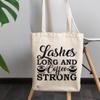 12oz Canvas Tote Bag - Lashes Long and Coffee Strong, Caffeine & Eyelashes Lover Quote - Beauty Themed Merch for Makeup Artist or Cosmetologist, Gift for Makeup Lovers & Beauticians view 3