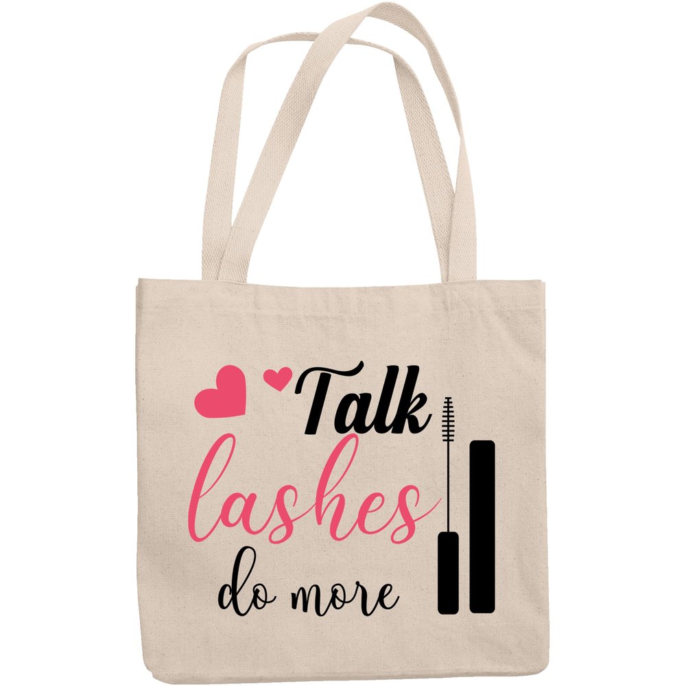 12oz Canvas Tote Bag - Talk Lashes, Do More with Mascara & Hearts Design - Beauty Themed Merch for Makeup Artist or Cosmetologist, Gift for Makeup Lovers & Beauticians