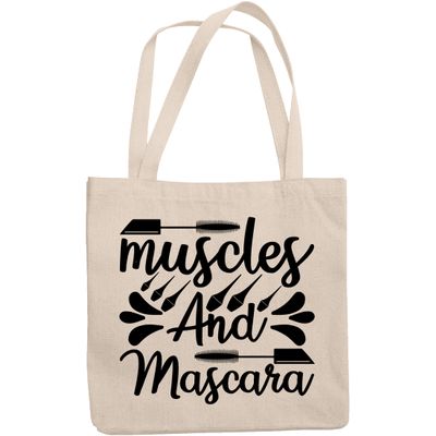 12oz Canvas Tote Bag - Muscles and Mascara with Mascara Wand Design - Beauty Themed Merch for Makeup Artist or Cosmetologist, Gift for Makeup Lovers & Beauticians