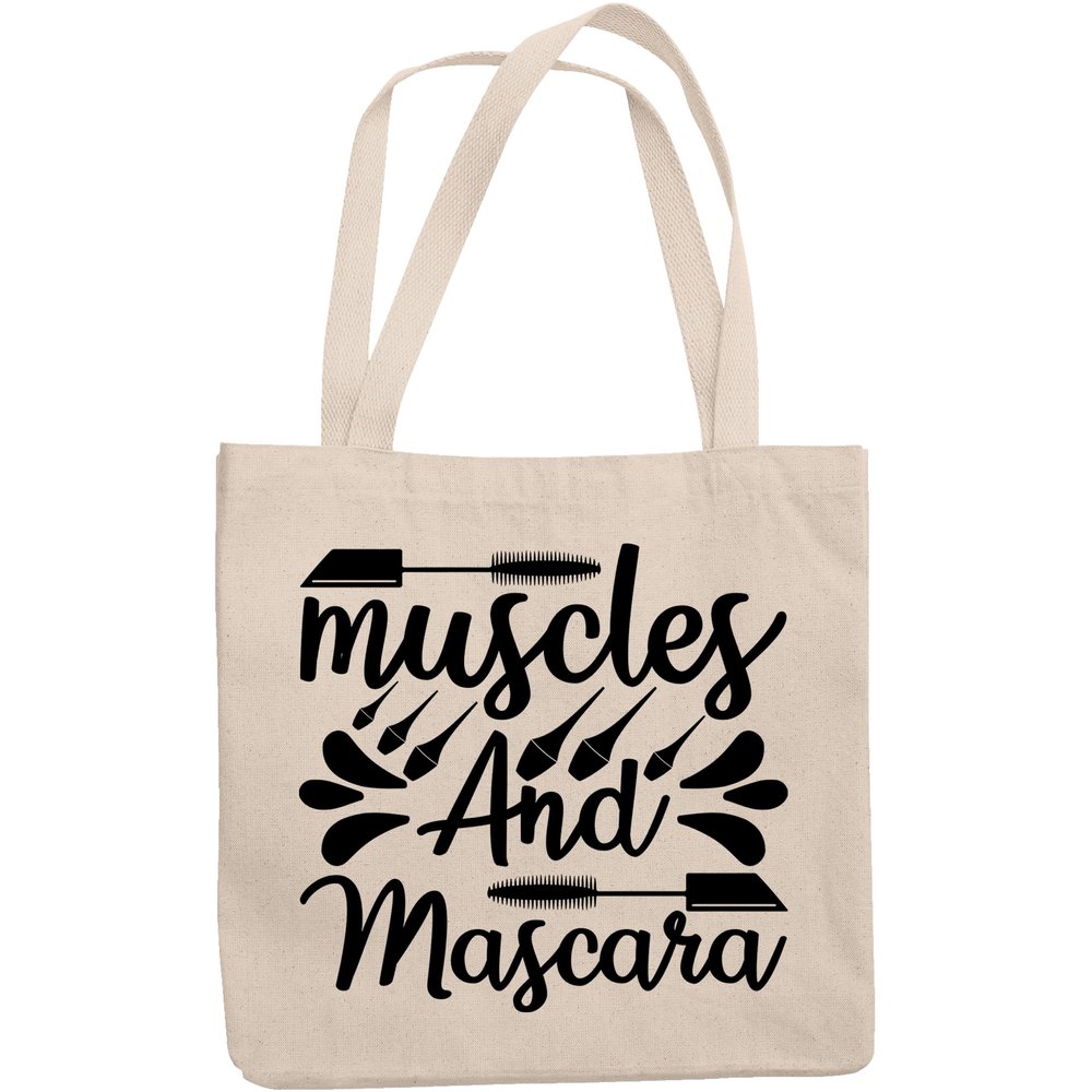 12oz Canvas Tote Bag - Muscles and Mascara with Mascara Wand Design - Beauty Themed Merch for Makeup Artist or Cosmetologist, Gift for Makeup Lovers & Beauticians