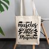12oz Canvas Tote Bag - Muscles and Mascara with Mascara Wand Design - Beauty Themed Merch for Makeup Artist or Cosmetologist, Gift for Makeup Lovers & Beauticians view 3