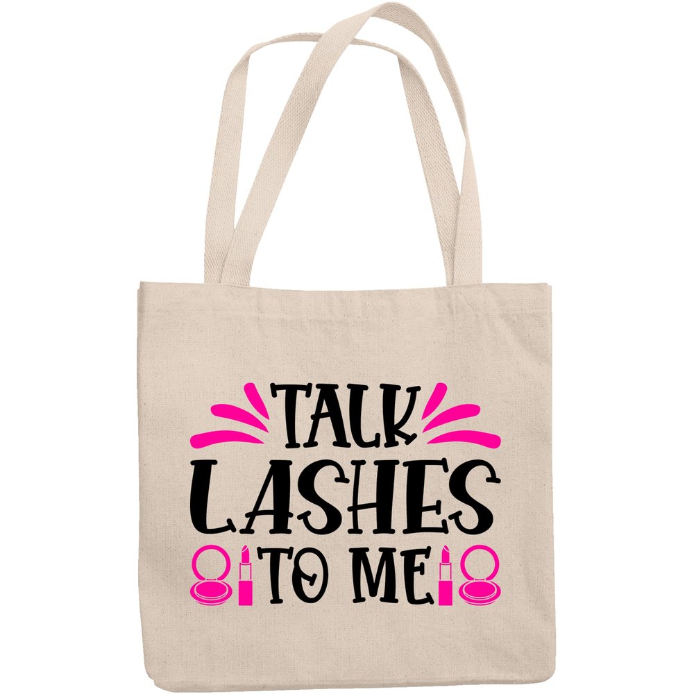 12oz Canvas Tote Bag - Talk Lashes to Me Quote with Compact Mirror & Lipstick Design - Beauty Themed Merch for Makeup Artist or Cosmetologist, Gift for Makeup Lovers & Beauticians