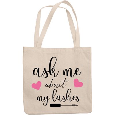 12oz Canvas Tote Bag - Ask Me About My Lashes with Mascara Applicator & Hearts Design - Beauty Themed Merch for Makeup Artist or Cosmetologist, Gift for Makeup Lovers & Beauticians