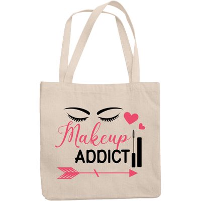 12oz Canvas Tote Bag - Makeup Addict with Eyebrows, Eyelashes, Mascara & Hearts Design - Beauty Themed Merch for Makeup Artist or Cosmetologist, Gift for Makeup Lovers & Beauticians