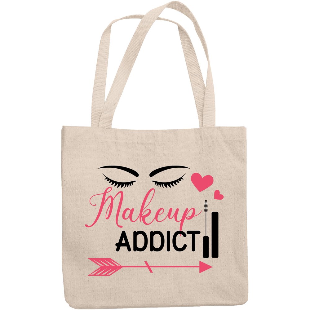 12oz Canvas Tote Bag - Makeup Addict with Eyebrows, Eyelashes, Mascara & Hearts Design - Beauty Themed Merch for Makeup Artist or Cosmetologist, Gift for Makeup Lovers & Beauticians