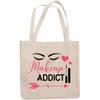 12oz Canvas Tote Bag - Makeup Addict with Eyebrows, Eyelashes, Mascara & Hearts Design - Beauty Themed Merch for Makeup Artist or Cosmetologist, Gift for Makeup Lovers & Beauticians view 1