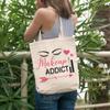 12oz Canvas Tote Bag - Makeup Addict with Eyebrows, Eyelashes, Mascara & Hearts Design - Beauty Themed Merch for Makeup Artist or Cosmetologist, Gift for Makeup Lovers & Beauticians view 2