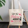 12oz Canvas Tote Bag - Makeup Addict with Eyebrows, Eyelashes, Mascara & Hearts Design - Beauty Themed Merch for Makeup Artist or Cosmetologist, Gift for Makeup Lovers & Beauticians view 3