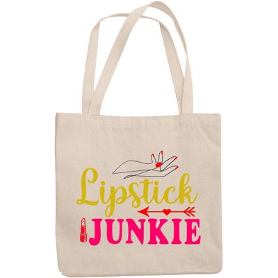 12oz Canvas Tote Bag - Cute & Girly Lipstick Junkie Text with Graphic Design - Beauty Themed Merch for Makeup Artist or Cosmetologist, Gift for Makeup Lovers & Beauticians