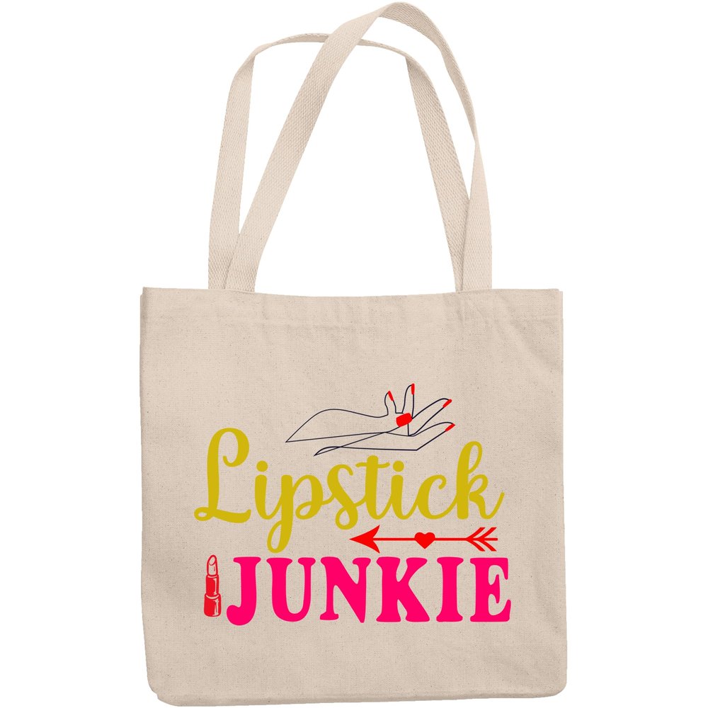 12oz Canvas Tote Bag - Cute & Girly Lipstick Junkie Text with Graphic Design - Beauty Themed Merch for Makeup Artist or Cosmetologist, Gift for Makeup Lovers & Beauticians