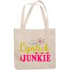 12oz Canvas Tote Bag - Cute & Girly Lipstick Junkie Text with Graphic Design - Beauty Themed Merch for Makeup Artist or Cosmetologist, Gift for Makeup Lovers & Beauticians view 1
