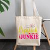 12oz Canvas Tote Bag - Cute & Girly Lipstick Junkie Text with Graphic Design - Beauty Themed Merch for Makeup Artist or Cosmetologist, Gift for Makeup Lovers & Beauticians view 3