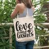12oz Canvas Tote Bag - Love and Lashes, Eyelashes Quote - Beauty Themed Merch for Makeup Artist or Cosmetologist, Gift for Makeup Lovers & Beauticians view 2