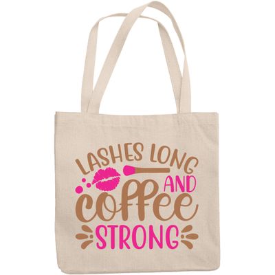 12oz Canvas Tote Bag - Lashes Long and Coffee Strong with Pink Lipstick Mark Design - Beauty Themed Merch for Makeup Artist or Cosmetologist, Gift for Makeup Lovers & Beauticians