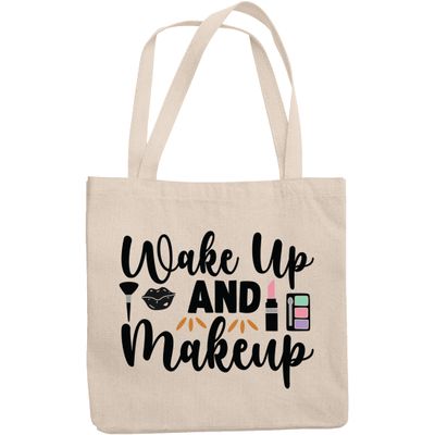 12oz Canvas Tote Bag - Wake up & Makeup with Powder Brush, Lip, Pink Lipstick & Eyeshadow Palette Design - Beauty Themed Merch for Makeup Artist or Cosmetologist, Gift for Makeup Lovers & Beauticians