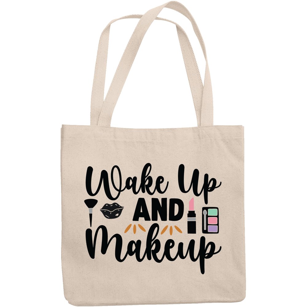 12oz Canvas Tote Bag - Wake up & Makeup with Powder Brush, Lip, Pink Lipstick & Eyeshadow Palette Design - Beauty Themed Merch for Makeup Artist or Cosmetologist, Gift for Makeup Lovers & Beauticians