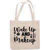 12oz Canvas Tote Bag - Wake up & Makeup with Powder Brush, Lip, Pink Lipstick & Eyeshadow Palette Design - Beauty Themed Merch for Makeup Artist or Cosmetologist, Gift for Makeup Lovers & Beauticians view 1