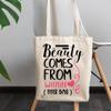 12oz Canvas Tote Bag - Witty Beauty Comes From Within This Bag, Cosmetics Container Humor Quote - Beauty Themed Merch for Makeup Artist or Cosmetologist, Gift for Makeup Lovers & Beauticians view 3
