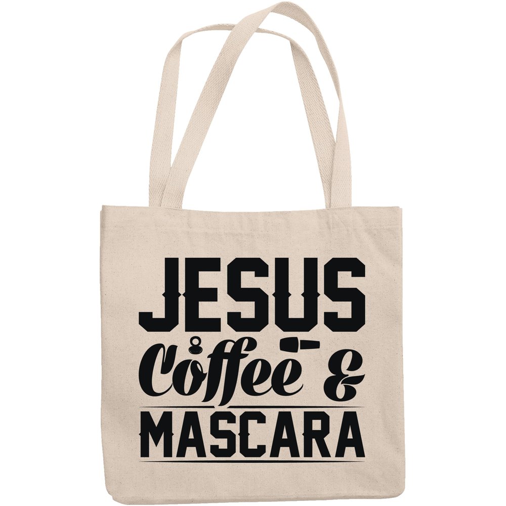 12oz Canvas Tote Bag - Jesus, Coffee, and Mascara, Faith, Cosmetics & Caffeine Sayings - Beauty Themed Merch for Makeup Artist or Cosmetologist, Gift for Makeup Lovers & Beauticians