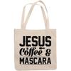 12oz Canvas Tote Bag - Jesus, Coffee, and Mascara, Faith, Cosmetics & Caffeine Sayings - Beauty Themed Merch for Makeup Artist or Cosmetologist, Gift for Makeup Lovers & Beauticians view 1