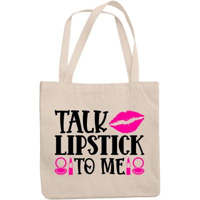 12oz Canvas Tote Bag - Talk Lipstick to Me Quote with Compact Mirror, Lipstick & Lip Design - Beauty Themed Merch for Makeup Artist or Cosmetologist, Gift for Makeup Lovers & Beauticians