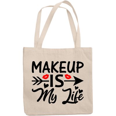 12oz Canvas Tote Bag - Makeup Is My Life with Red Lips, Hearts & Arrow Design - Beauty Themed Merch for Makeup Artist or Cosmetologist, Gift for Makeup Lovers & Beauticians