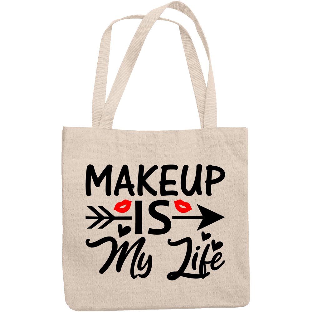 12oz Canvas Tote Bag - Makeup Is My Life with Red Lips, Hearts & Arrow Design - Beauty Themed Merch for Makeup Artist or Cosmetologist, Gift for Makeup Lovers & Beauticians