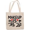 12oz Canvas Tote Bag - Makeup Is My Life with Red Lips, Hearts & Arrow Design - Beauty Themed Merch for Makeup Artist or Cosmetologist, Gift for Makeup Lovers & Beauticians view 1