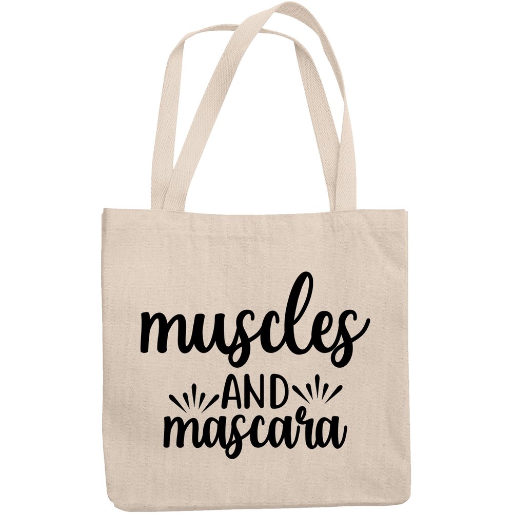 12oz Canvas Tote Bag - Muscles and Mascara, Bodybuilder Quote - Beauty Themed Merch for Makeup Artist or Cosmetologist, Gift for Makeup Lovers & Beauticians