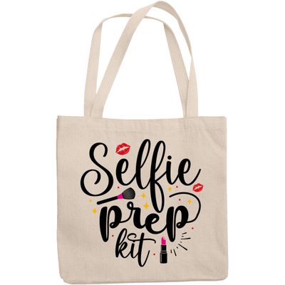 12oz Canvas Tote Bag - Selfie Prep Kit, Term for Cosmetics Bag w/Pink Lipstick, Smooch & Brush Design - Beauty Themed Merch for Makeup Artist or Cosmetologist, Gift for Makeup Lovers & Beauticians