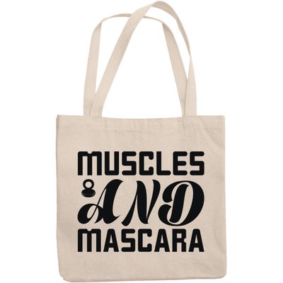 12oz Canvas Tote Bag - Muscles and Mascara, Bodybuilder Lash Lover Quote - Beauty Themed Merch for Makeup Artist or Cosmetologist, Gift for Makeup Lovers & Beauticians