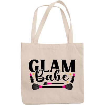 12oz Canvas Tote Bag - Glam Babe with Pink Lipsticks and Contour & Powder Brushes Design - Beauty Themed Merch for Makeup Artist or Cosmetologist, Gift for Makeup Lovers & Beauticians