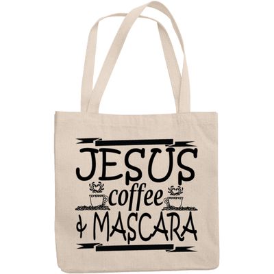 12oz Canvas Tote Bag - Jesus, Coffee & Mascara, Caffeine & Cosmetics Lover Christian Quote - Beauty Themed Merch for Makeup Artist or Cosmetologist, Gift for Makeup Lovers & Beauticians