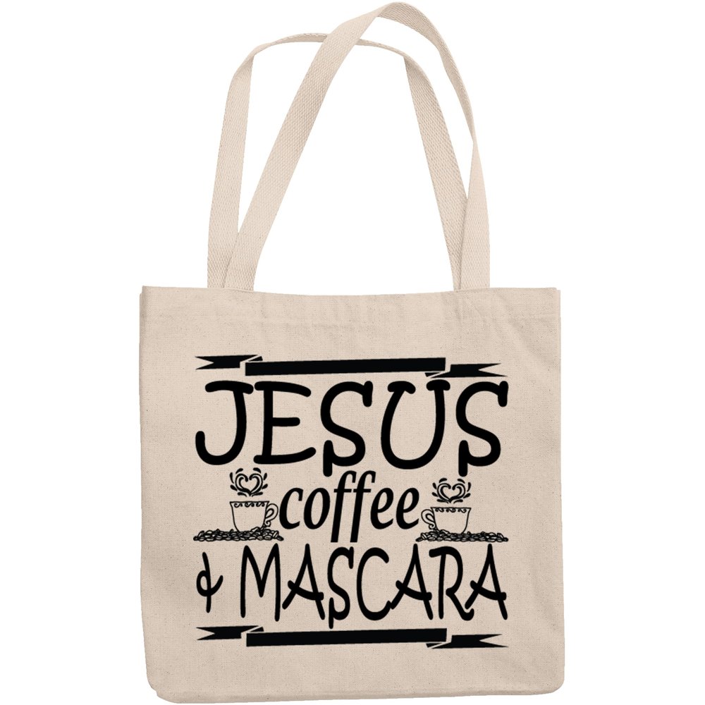 12oz Canvas Tote Bag - Jesus, Coffee & Mascara, Caffeine & Cosmetics Lover Christian Quote - Beauty Themed Merch for Makeup Artist or Cosmetologist, Gift for Makeup Lovers & Beauticians