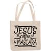 12oz Canvas Tote Bag - Jesus, Coffee & Mascara, Caffeine & Cosmetics Lover Christian Quote - Beauty Themed Merch for Makeup Artist or Cosmetologist, Gift for Makeup Lovers & Beauticians view 1