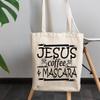 12oz Canvas Tote Bag - Jesus, Coffee & Mascara, Caffeine & Cosmetics Lover Christian Quote - Beauty Themed Merch for Makeup Artist or Cosmetologist, Gift for Makeup Lovers & Beauticians view 3