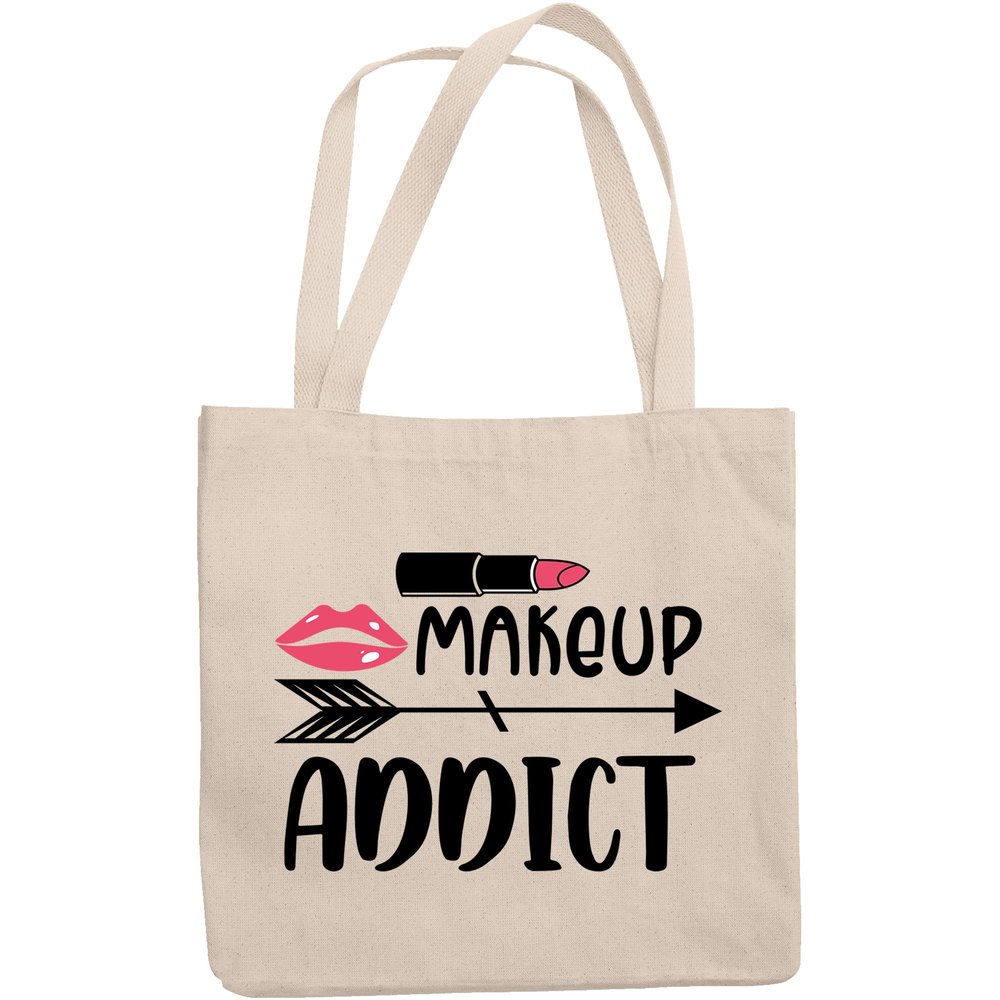 12oz Canvas Tote Bag - Makeup Addict Text with Pink Lipstick & Lips Graphic Design - Beauty Themed Merch for Makeup Artist or Cosmetologist, Gift for Makeup Lovers & Beauticians