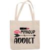 12oz Canvas Tote Bag - Makeup Addict Text with Pink Lipstick & Lips Graphic Design - Beauty Themed Merch for Makeup Artist or Cosmetologist, Gift for Makeup Lovers & Beauticians view 1