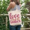 12oz Canvas Tote Bag - Love and Lashes, Eyelashes & Mascara Lover Quote - Beauty Themed Merch for Makeup Artist or Cosmetologist, Gift for Makeup Lovers & Beauticians view 2
