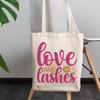 12oz Canvas Tote Bag - Love and Lashes, Eyelashes & Mascara Lover Quote - Beauty Themed Merch for Makeup Artist or Cosmetologist, Gift for Makeup Lovers & Beauticians view 3