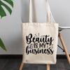 12oz Canvas Tote Bag - Beauty Is My Business with Eyeshadow Palette, Brush & Pink Lipstick Design - Beauty Themed Merch for Makeup Artist or Cosmetologist, Gift for Makeup Lovers & Beauticians view 3