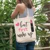 12oz Canvas Tote Bag - Cute & Girly But First Makeup with Pink Lipstick & Heart Design - Beauty Themed Merch for Makeup Artist or Cosmetologist, Gift for Makeup Lovers & Beauticians view 2