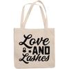 12oz Canvas Tote Bag - Love and Lashes, Eyelash and Mascara Lover Quote - Beauty Themed Merch for Makeup Artist or Cosmetologist, Gift for Makeup Lovers & Beauticians view 1