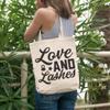 12oz Canvas Tote Bag - Love and Lashes, Eyelash and Mascara Lover Quote - Beauty Themed Merch for Makeup Artist or Cosmetologist, Gift for Makeup Lovers & Beauticians view 2