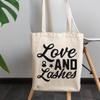 12oz Canvas Tote Bag - Love and Lashes, Eyelash and Mascara Lover Quote - Beauty Themed Merch for Makeup Artist or Cosmetologist, Gift for Makeup Lovers & Beauticians view 3