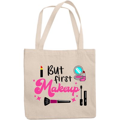 12oz Canvas Tote Bag - But First Makeup with Red Lipstick, Pressed Powder, Mascara & Brush Design - Beauty Themed Merch for Makeup Artist or Cosmetologist, Gift for Makeup Lovers & Beauticians